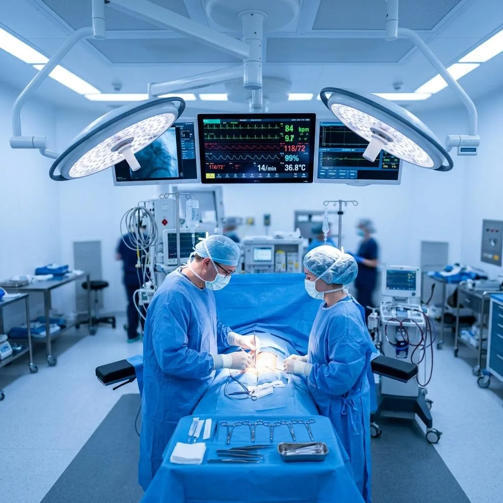 Surgical team using modern medical devices in a hospital operating theater in Tajikistan